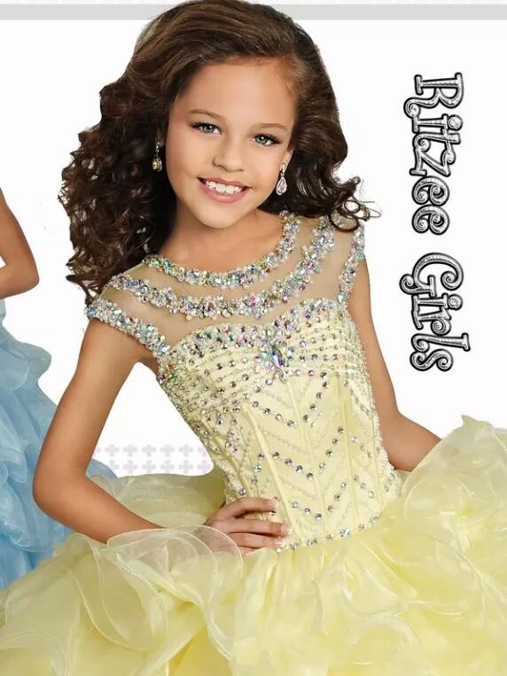 Light Yellow Princess Ball Gown Girls Pageant Gowns Cap Sleeves Crystals Beaded Ruffles Performance Dresses Kids Formal Party Gowns