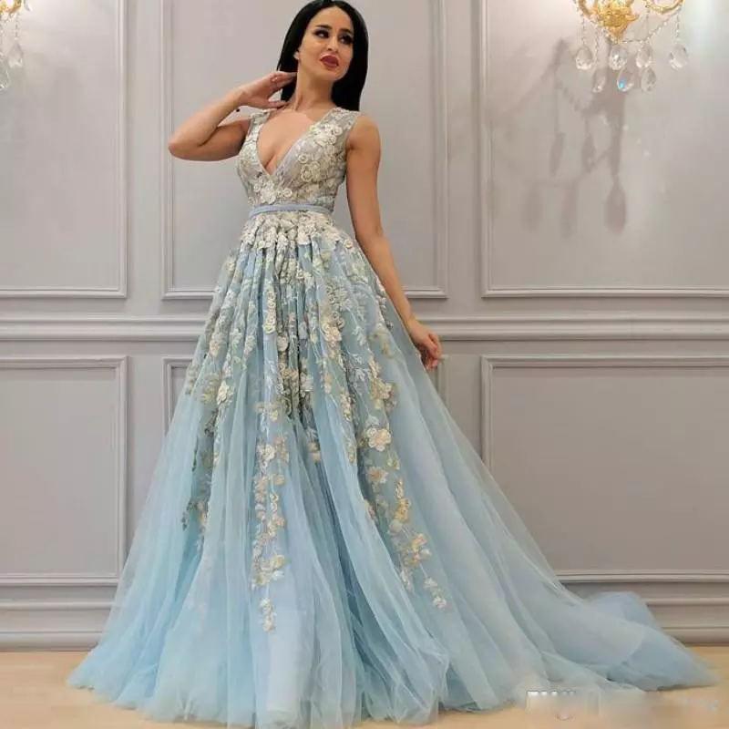 Sexy Prom Dresses With Deep V neck Lace Appliques Sash Formal Evening Dress Count Train Zipper Specail Gowns Custom Made Vestidos de novia