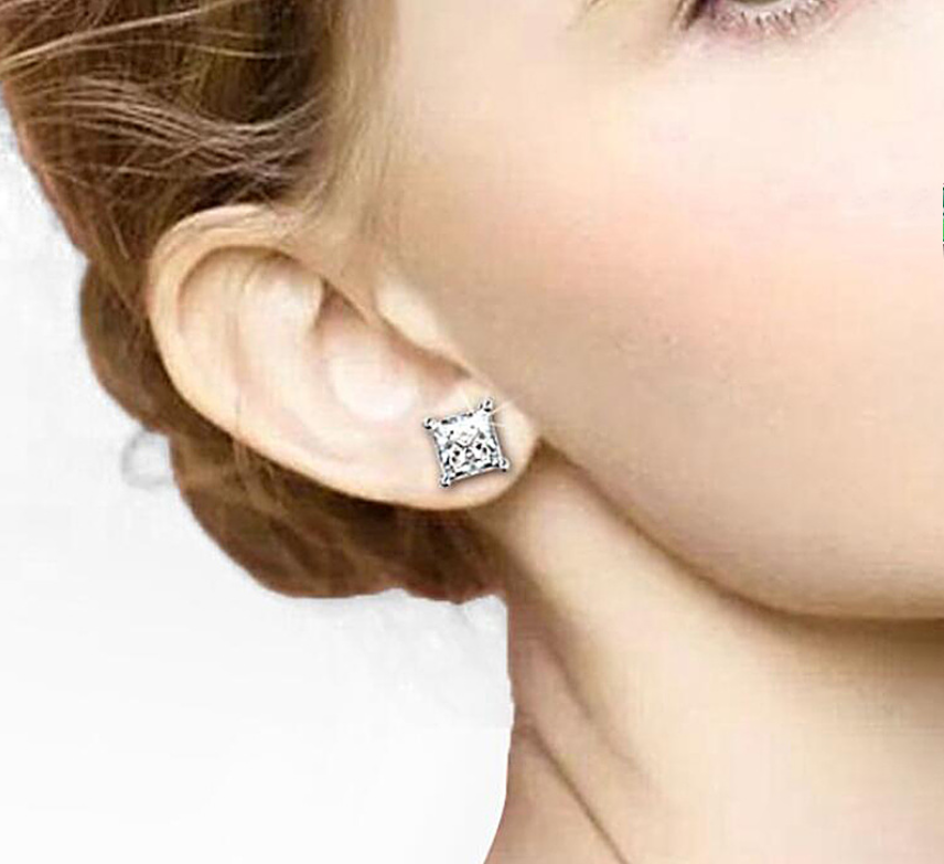 Princess-Cut Cubic Four-Prong Zirconia Sterg Sier Stud Earrings for Women 4