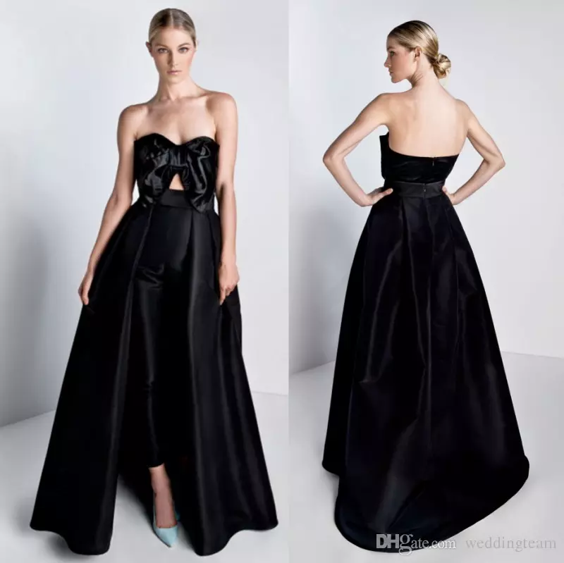 Elegant Black Jumpsuits Prom Dresses With Detachable Train Bow Strapless Neck Formal Evening Gowns Satin Overskirt Prom Dress Custom