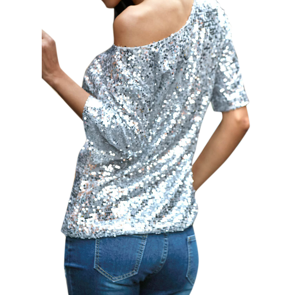 Sexy Women Loose Off Shoulder Sequin Glitter T shirt Summer Casual Shirts Vintage Streetwear Party Top Pink/Silver T-shirt Women