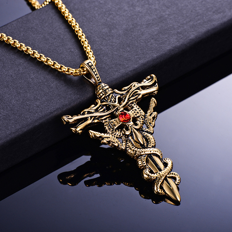 Classic Men's Retro Cross Jewelry - 18K Gold Plating over 316L Stainless Steel with Eye-Catching Red Rhinestone Detailing