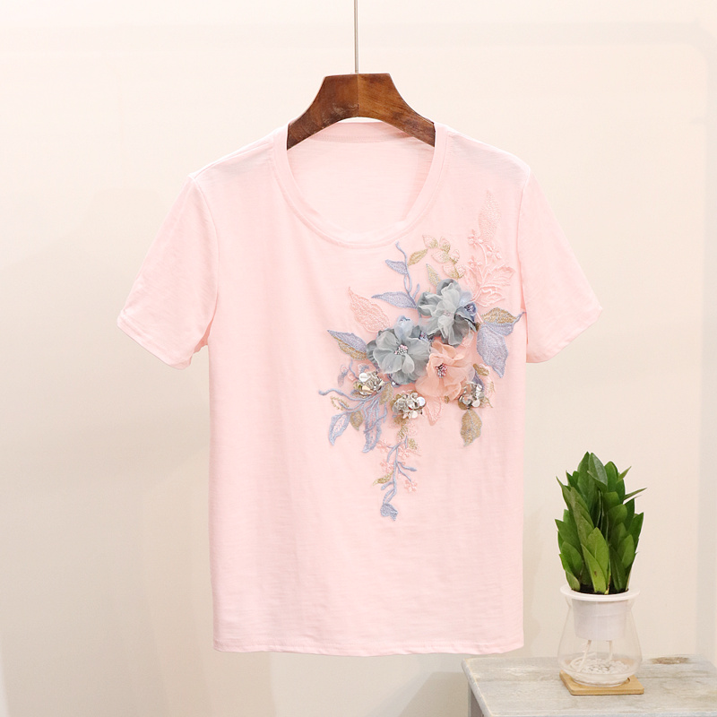 2018 Summer women t shirt 3D floral Embroidery tshirt cotton tops