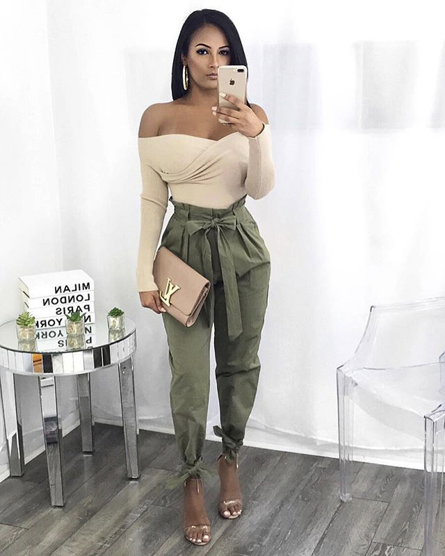 Women Casual High Waist Pants Solid Color Bandage Design Harem Pants Fashion Trousers with Sashes