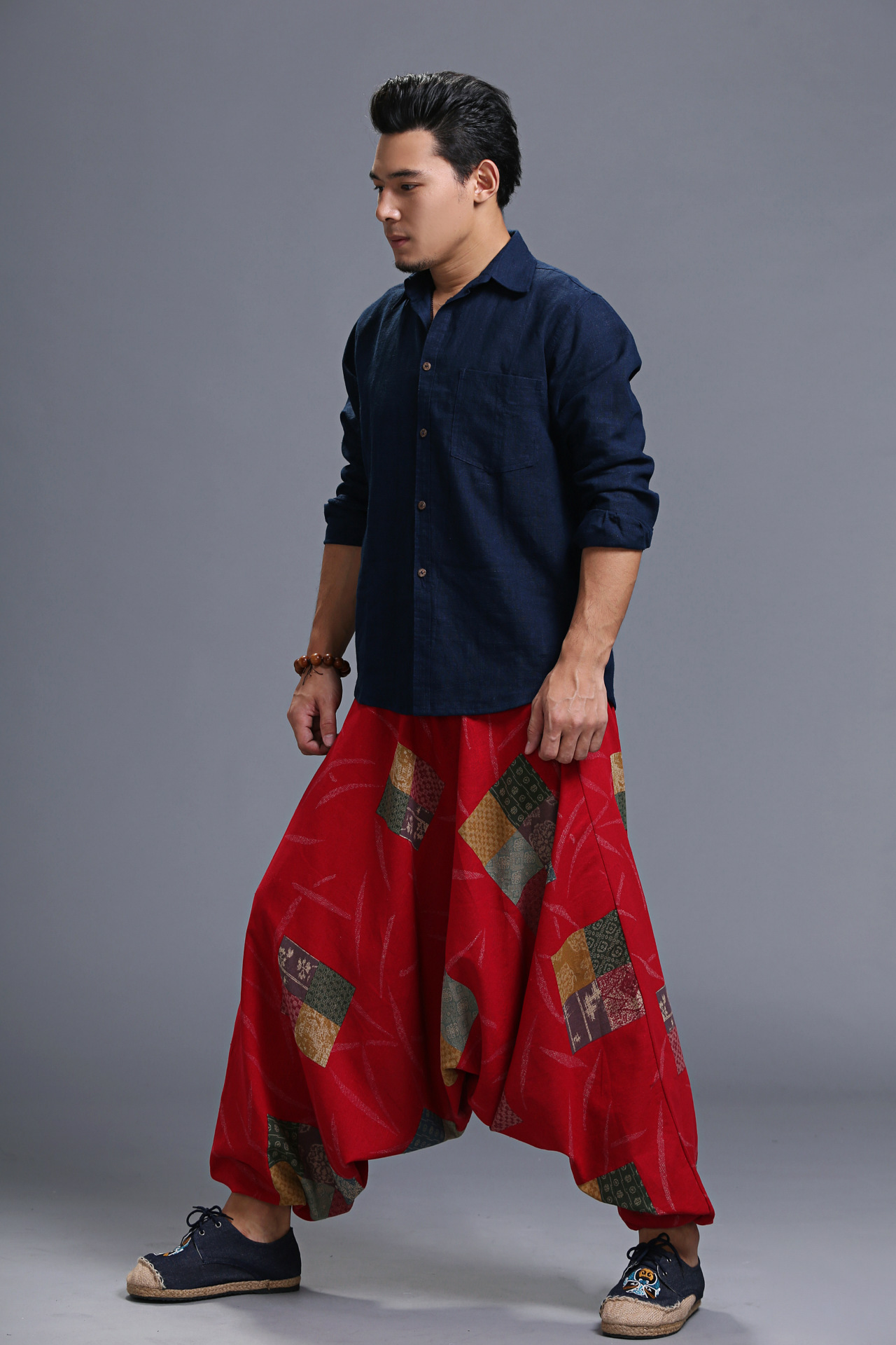 Unisex Casual Big Large crotch Elastic pants India Nepali yoga trousers Chinese Style Men wear black blue Red Vintage Print Harem Pants