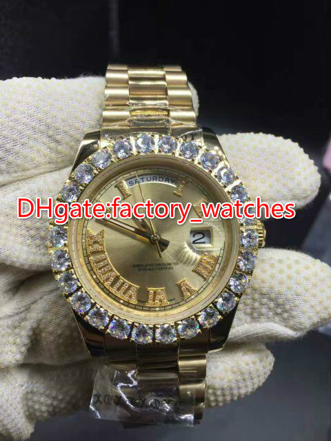 Prong set diamonds bezel watch automatic mens luxury gold 42mm case gold dial Roman markers date Gold Big diamond watches
Prong set diamonds bezel watch automatic mens luxury gold 42mm case gold dial Roman markers date Gold Big diamond watches