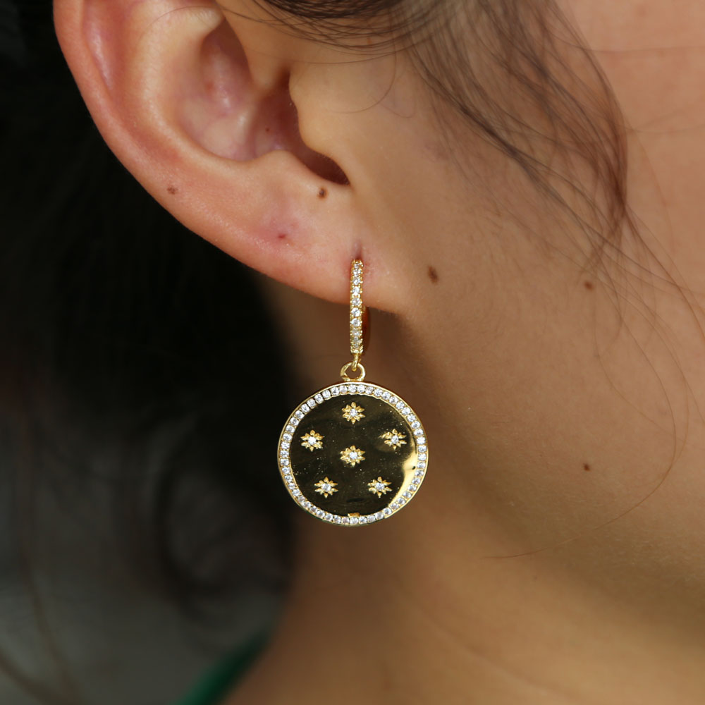 Top quality Gold plated starburst northstar dangle earring Sparking inset CZ lovely charming star design gorgeous european jewelry