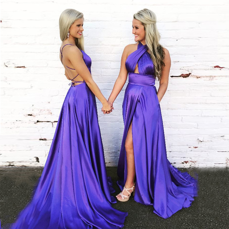 Simple Satin Long Prom Dresses Halter Pleated Ruffles Split Side Backless Purple Graduation Party Dresses Sweep Train, Fuchsia
Simple Satin Long Prom Dresses Halter Pleated Ruffles Split Side Backless Purple Graduation Party Dresses Sweep Train, Fuchsia