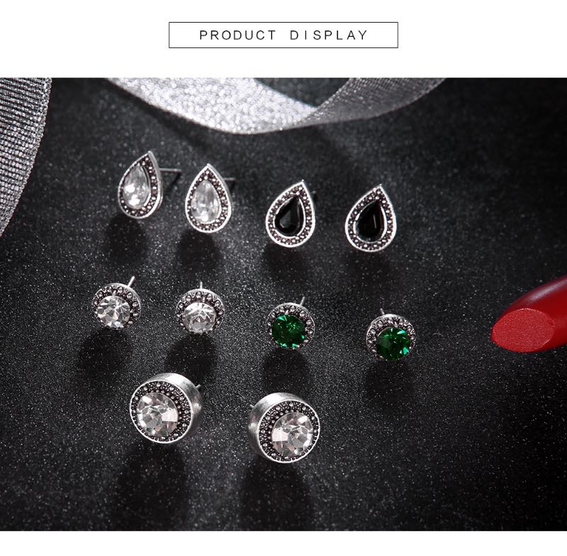 Vintage Bohemia Stud Big Fashion Crystal Earring Shinny Black White Green Rhinestone 5 Pairs For One Set