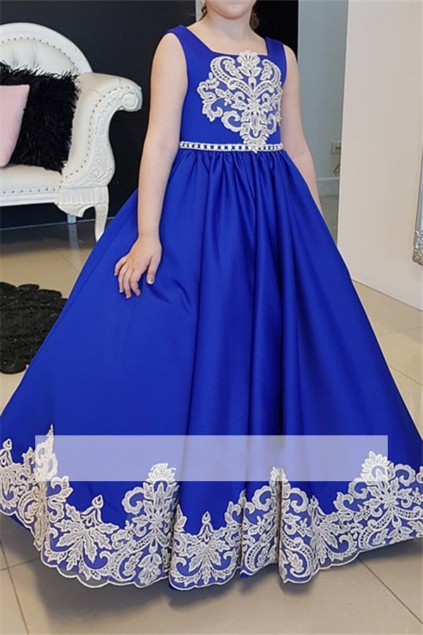 Blue New Royal Cheap Little Girls Pageant Square Neck or Length White Applique Kids Prom wer Girl Dresses Custom Made