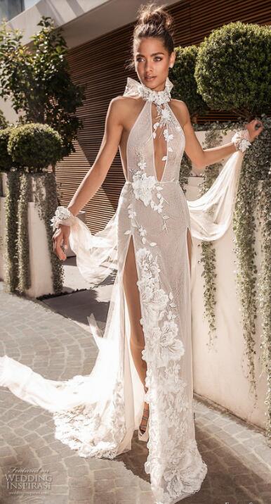 Elihav Sasson 2019 Mermaid Lace Wedding Dress Halter Front Slit Bridal Gowns Custom vestido de novia 3D Appliqued Wedding Gowns