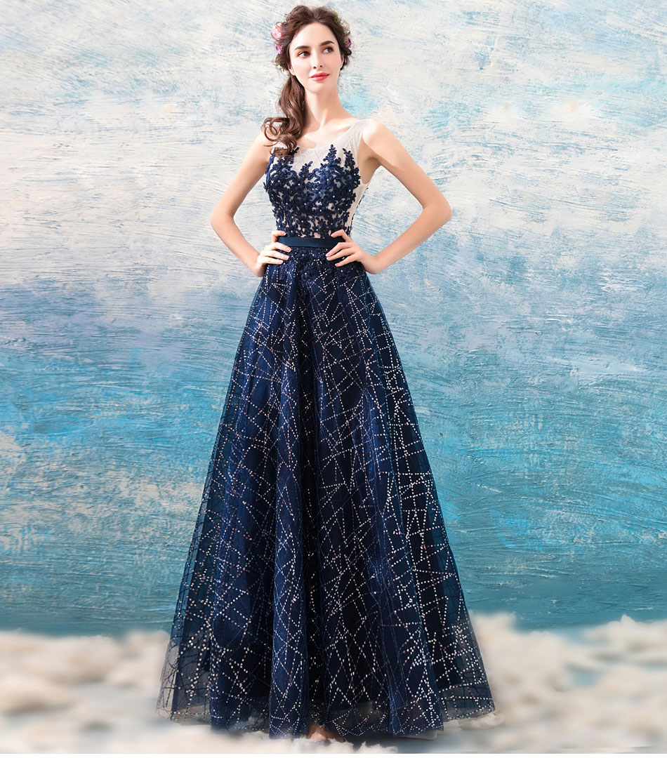 Stunning Navy Blue Evening Dresses Long Prom Dresses Sheer neckline Applique with Beads Sequins Lace-up Back Runway Gowns, Same as picture
Stunning Navy Blue Evening Dresses Long Prom Dresses Sheer neckline Applique with Beads Sequins Lace-up Back Runway Gowns, Same as picture