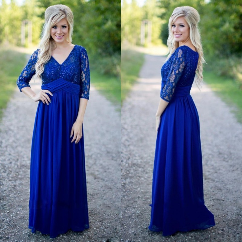 Amazing Country Bridesmaid Dresses Fall 2018 V Neck A Line Royal Blue Lace and Chiffon Long Wedding Guest Dress with 3 / 4 Sleeves