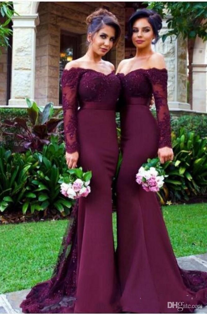 Bury Long Sleeves Mermaid Bridesmaid Lace Appliques Bateau Maid Of Honor Gowns Wedding Guest Dresses Mm10 0510