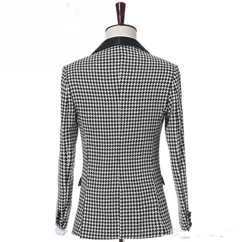 Customize Houndstooth 3 Piece Suit Men Wedding Tuxedos Groom Tuxedos With Black Lapel Men Business Dinner Prom Blazer(Jacket+Pants+Tie+Vest)