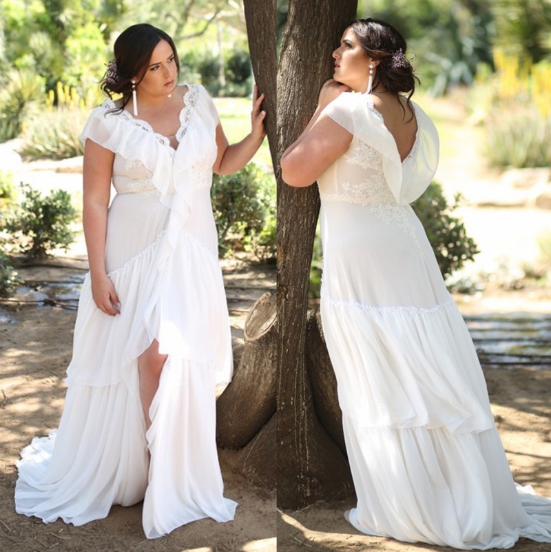 Sale Hot Plus Size Beach Wedding Dresses V Neck Side Split Bohemian Bridal Gowns A E Lace Appliqued Chiffon Boho Robe De Mari E