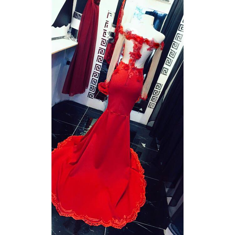 red mermaid new prom dresses long sleeves off the shoulder 3d flowrl appliqued lace evening gown sweep train formal party dress