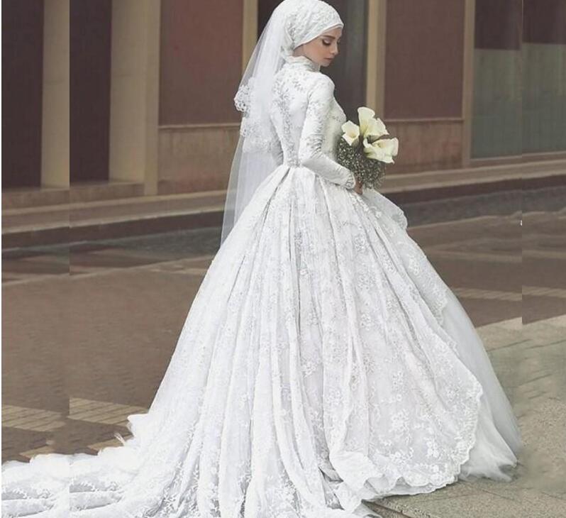 2019 Modest Muslim Wedding Dress High Collar Lace Applique Satin Long Sleeves Tulle Bridal Gowns With 3 Meters Hijab