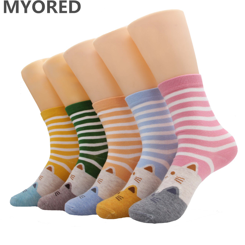 MYORED women socks cotton cartoon colorful stripes cute cat ankle socks for female girls lady sexy crew short animal winter sock