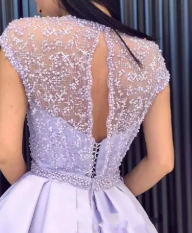 Lavender Long Prom Dresses With Lace Beads Short Sleeve A Line Satin Split Floor Length Evening Dress Formal Special Occasion Party Gowns