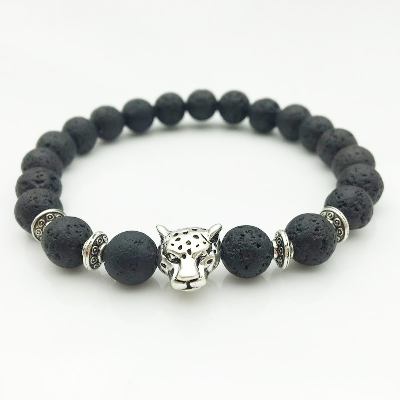 Natural Bracelet Black Lava Stone 1 Beads with Leopard Head Essential Oil Diffuser for Aromatherapy and Daily Wear Gift High Quality Texture