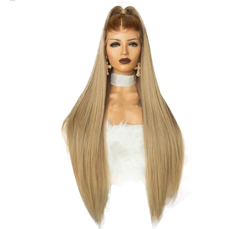 Free shipping High Temperature Fiber Peruca 28inches Long Straight Synthetic Hair Wig Brown Ombre Ash Blonde Lace Front Wigs for Cosplay