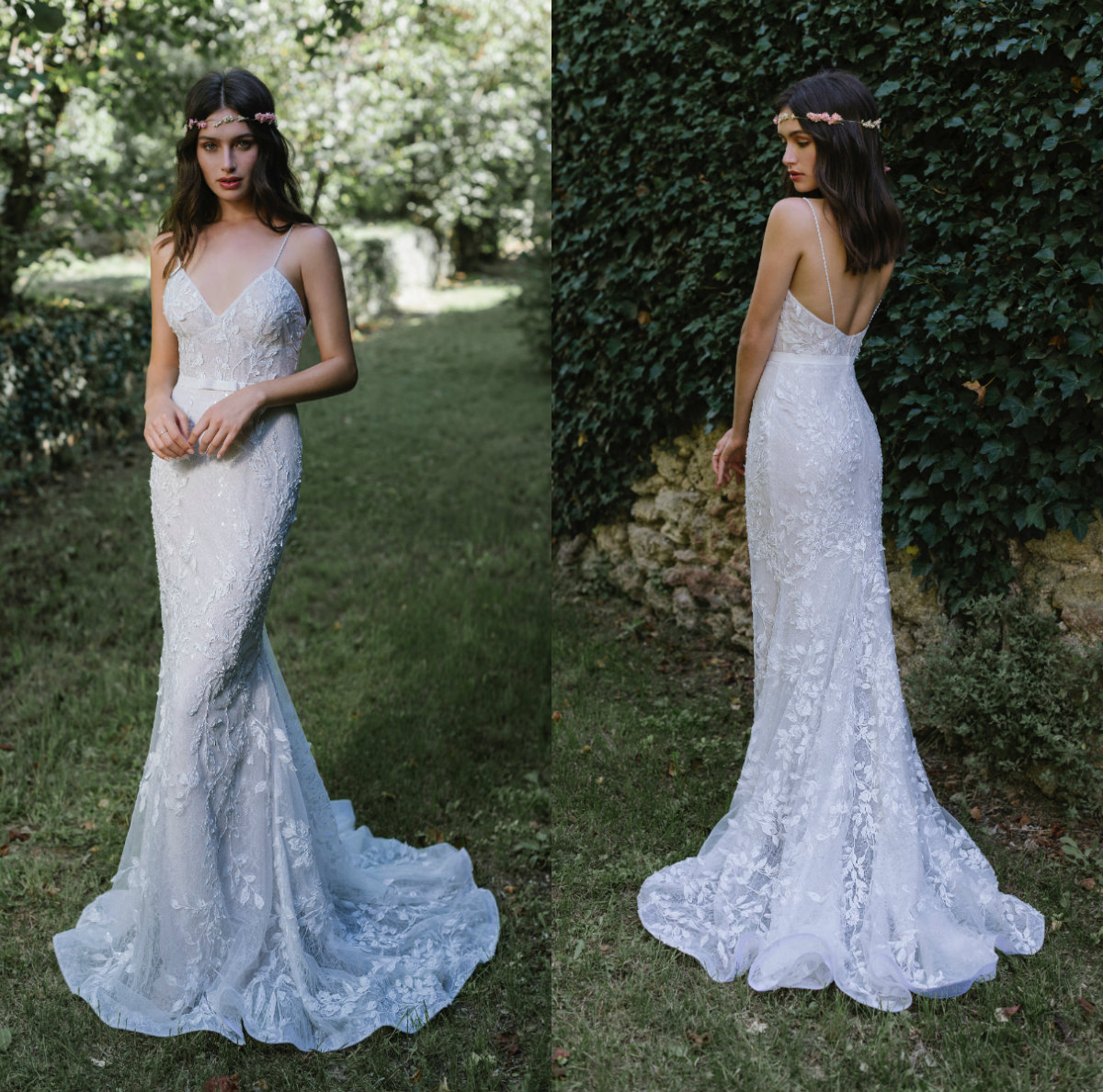 Lihi Hod Dresses Graden Wear Spaghetti Lace Appliqued Beaded Belt Backless Beach Bridal Gowns Plus Modest Mermaid Wedding Dress