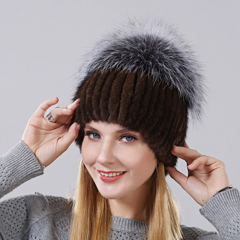 Hot Style Female Mink Fur Cap For Women Winter Warm Hat Vertical Knitted Mink With Fluffy Silver Fox Part Less On The Top Hat D18110102