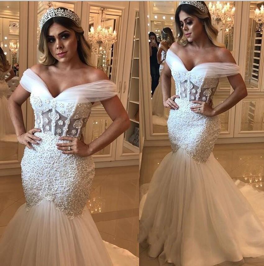 Modest Mermaid Dresses Sexy Off Shoulder Sweep Train Illusion Beaded Plus Size Bridal Gowns With Boning Country Wedding Dress