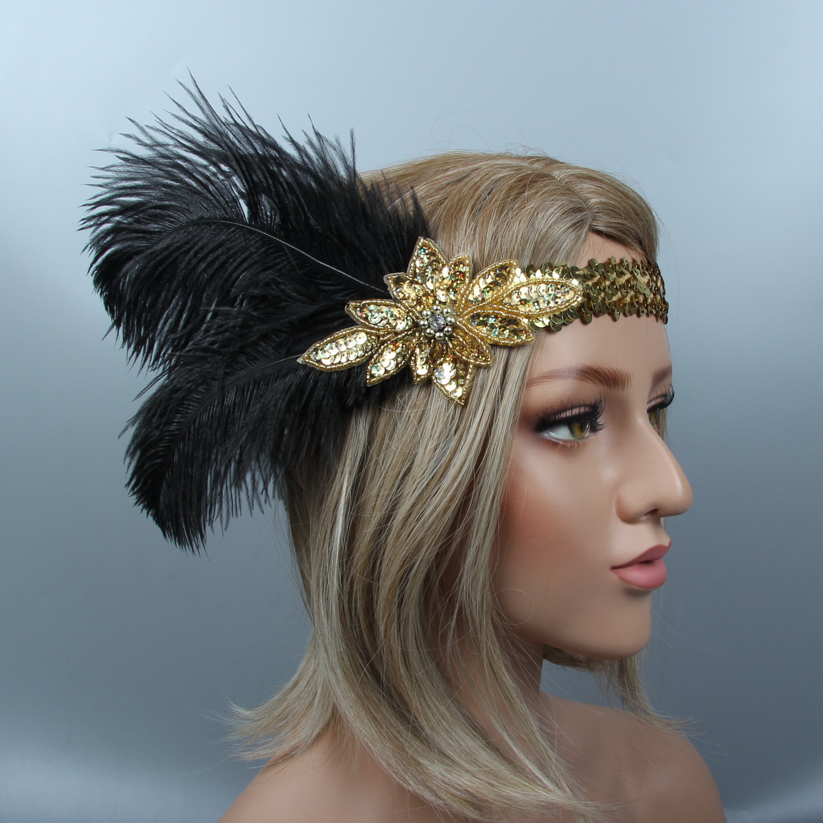 1920s Great Gatsby Black Bridal Headband feather Beauty Girl Peacock Feather Wedding Queen Headband Prom Princess Birthday Party