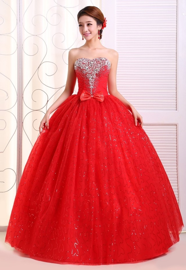 2018 New Red Strapless Wedding Dress Rhinestone Bride Wedding Gown Factory Wholesale Cheap Bride Dress Free Shipping