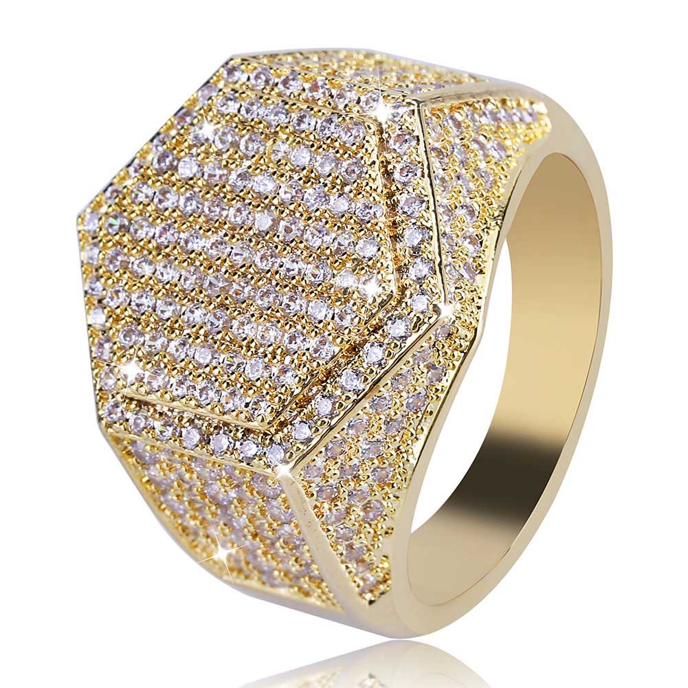 

Hip Hop Geometric Hexagon Ring Copper Gold Silver Color Plated Iced Out Micro Pave Cubic Zircon Charm Ring for Men