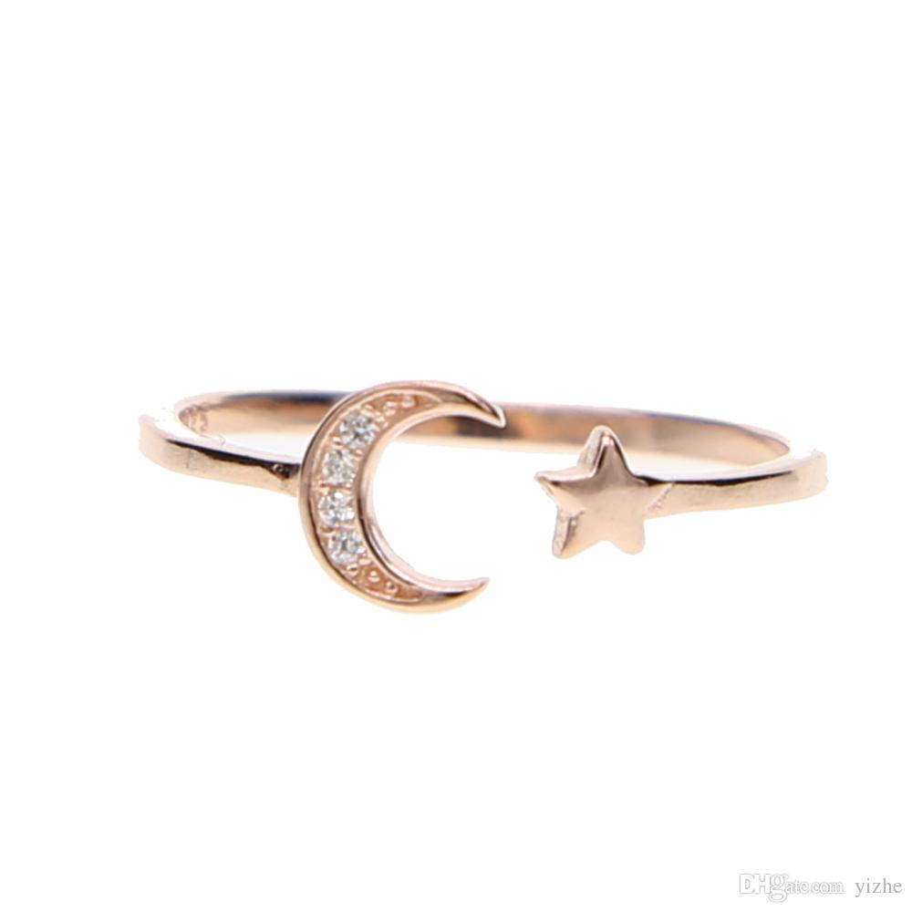 open adjusted rings moon star dainty 925 sterling silver Christmas gift girl women moon star ring 925