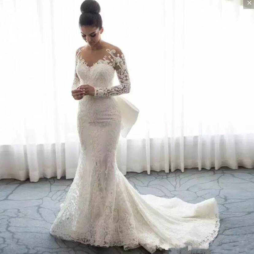 Sexy Lace Mermaid Sheer Neck Long Sleeves Appliques Wedding Dresses With Detachable Train Bridal Gowns 0522