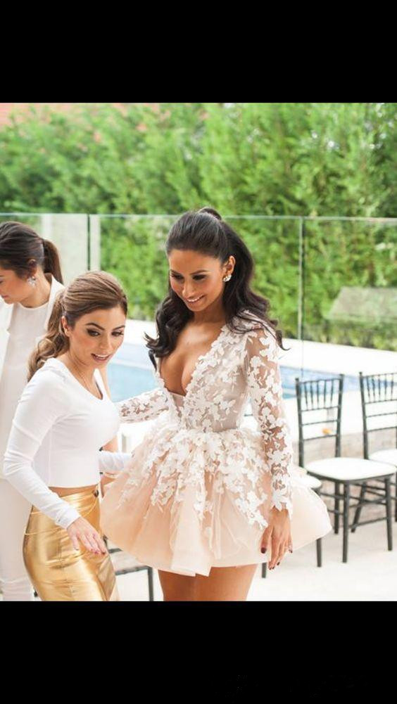 sale v neck mini homecoming dresses long sleeve lace appliqued cheap party evening prom dress short formal gowns