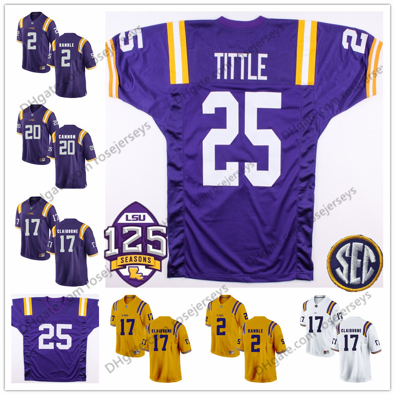 LSU Tigers #25 YA Tittle 17 Morris Claiborne 7 DJ Chark 28 Darrel Williams 34 Stevan Ridley White Purple Yellow 125th Retired Jersey, Black
LSU Tigers #25 YA Tittle 17 Morris Claiborne 7 DJ Chark 28 Darrel Williams 34 Stevan Ridley White Purple Yellow 125th Retired Jersey, Black