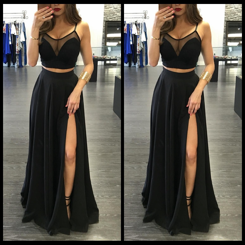 Sexy Black Illusion Two Pieces Prom Dresses 2018 Front Split Spaghetti Straps Long Formal Party Prom Gowns Dresses Party Evening, Daffodil
Sexy Black Illusion Two Pieces Prom Dresses 2018 Front Split Spaghetti Straps Long Formal Party Prom Gowns Dresses Party Evening, Daffodil