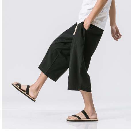 Men's Linen trousersFashion Men's Elastic Waist Wide Leg Cotton Harem Baggy mens Pants Patchwork Linen Capri Trousers