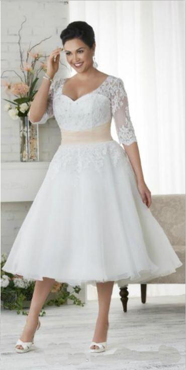 Plus Size Wedding Dresses With Sleeves A Line V Neck Ball Gowns Under 100 Vintage Tea Length Wedding Dress Colored Wedding Gowns