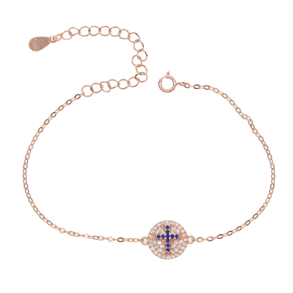 100% 925 sterling silver minimal jewelry blue cross engraved round disco disk charm simple cz paved silver bracelet necklace set