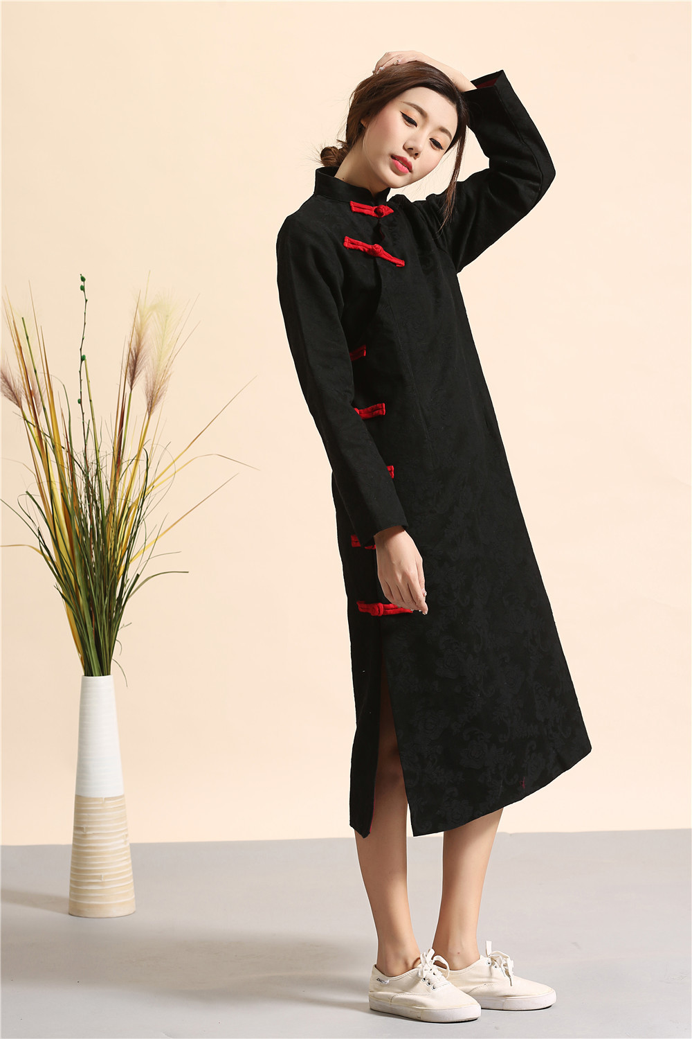 East Asian Retro style Chinese oriental Linen dresses modified cheongsam modern qipao dress female long cotton qipao dress