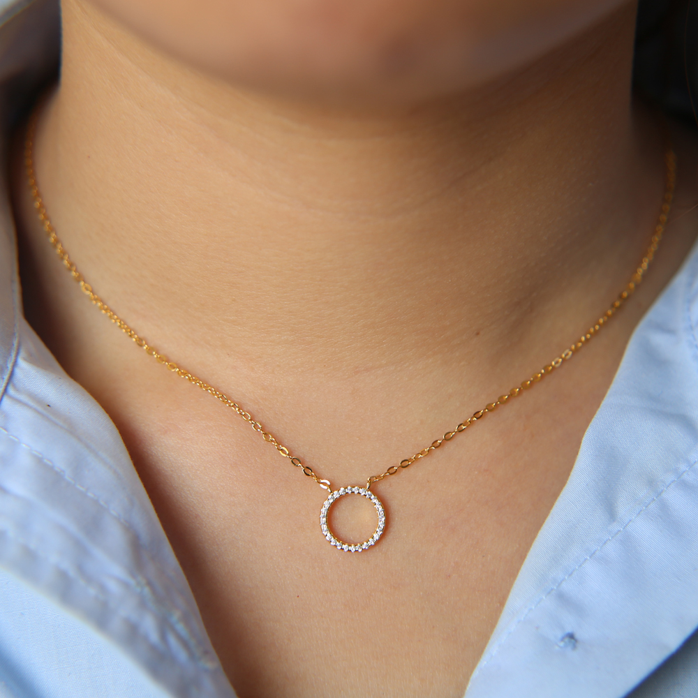 2018 simple 925 sterling silver geometric round circle shaped link chain necklace micro pave cz circle shinny silver Classic simple design