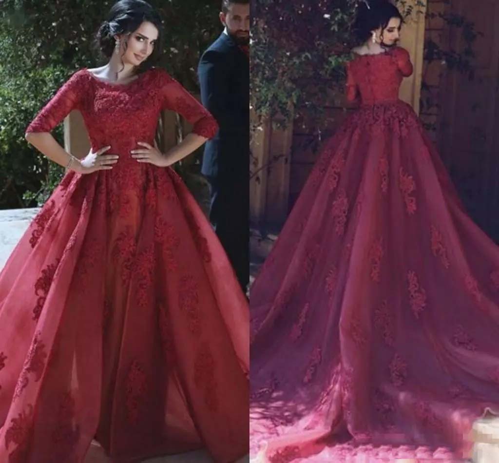 

Saudi Arabic Lace Long Evening Dresses 2020 Appliques Half Sleeves Jewel Neck Tulle Court Train Formal Prom Party Gowns, Burgundy