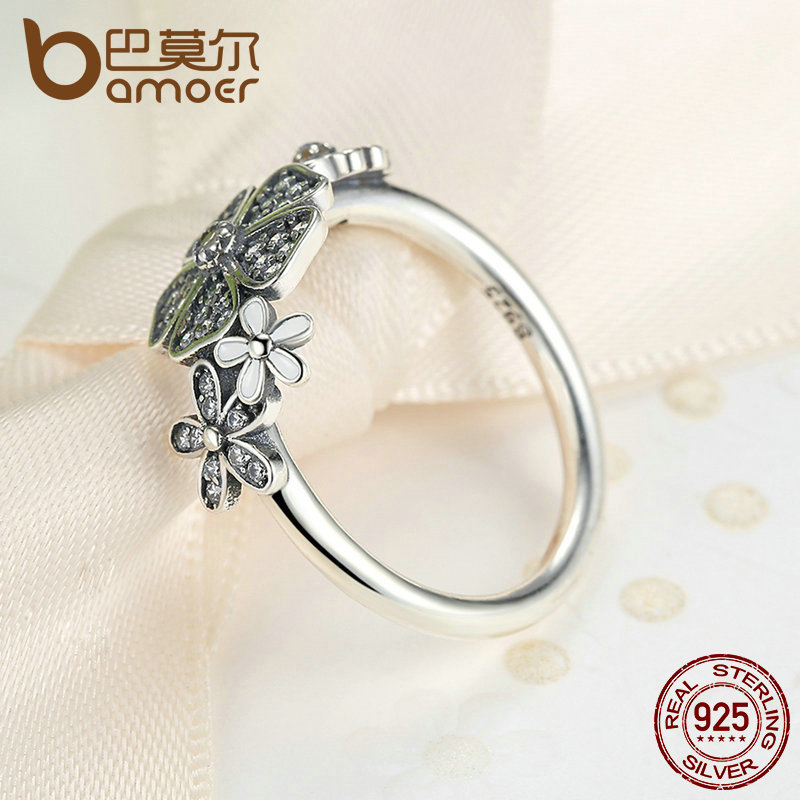 BAMOER 925 Sterling Silver Shimmering Bouquet, White Enamel & Clear CZ Flower Finger Rings for Women Wedding Gift PA7176 S18101607