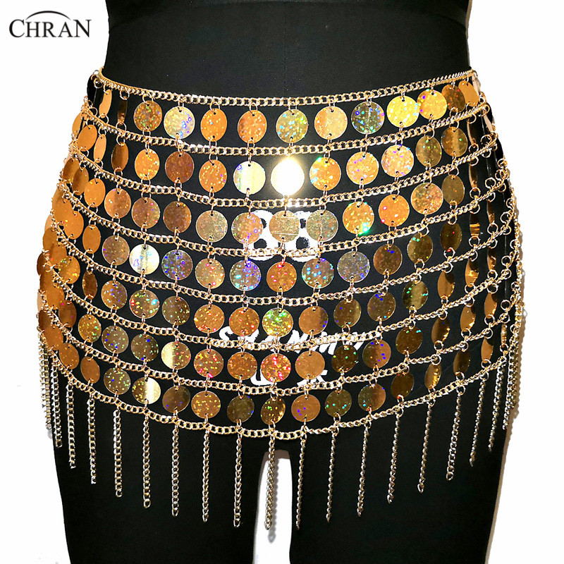 Chran Laser Gold Sequin Bead Belly Waist Chain Sexy Mini Skirt Women Necklace Bikini Wear Party Dress Festival Sexy Bod Jewelry