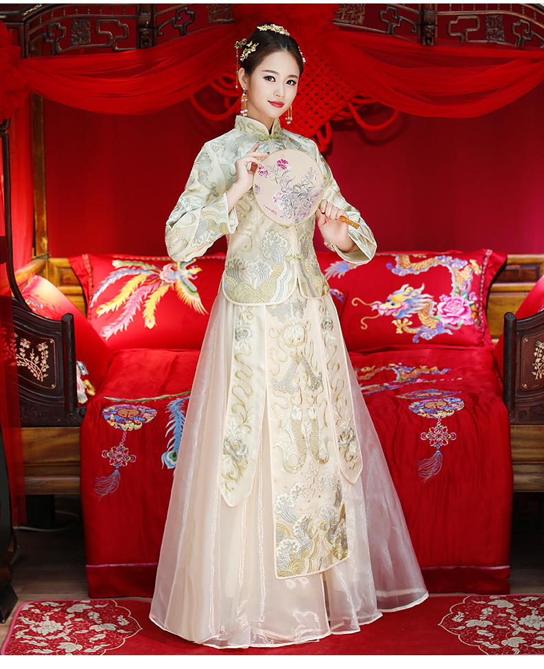 Elegent Vintage Xiu He toast Beige Dress Chinese style gown wedding dress Asian Popular Woman embroidery carps Cheongsam Evening costume