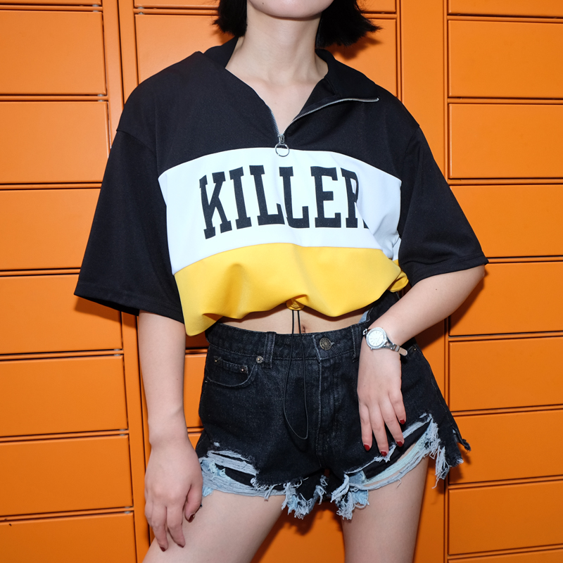 Weekeep Women Streetwear Cropped Adjustable Waist t shirt Summer Letter Print Patchwork tee shirt femme 2018 Fashion Loose Tops