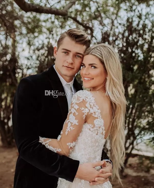 Light Champagne Boho Lace Wedding Dress Layered Tulle Appliques A-Line Backless Bridal Dresses Illusion Long Sleeves Country