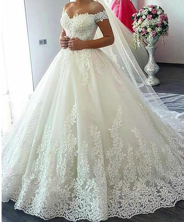 Sexy Off the Shoulder Ball Gown Wedding Dress Floral Applique with Sequins Zipper Back Sweep Train Plus Size Wedding Dresses Bridal Gowns