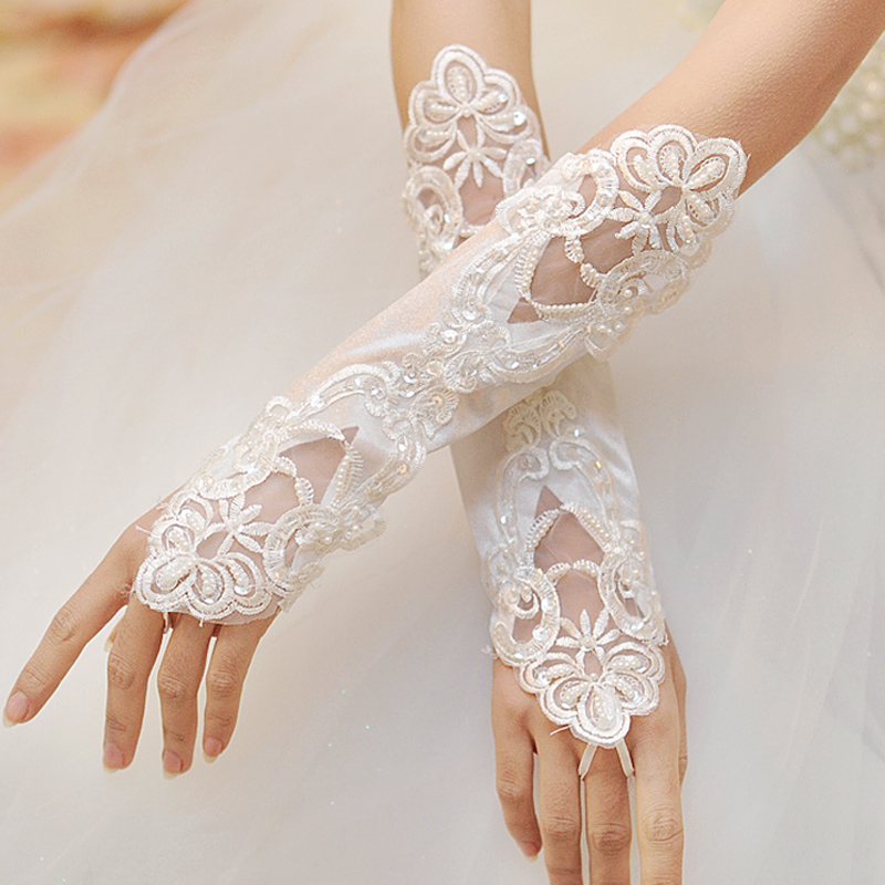 New Arrival Lace Satin Bridal Gloves Below Elbow Length Sequins Beads Design Four Colors Bride Gloves